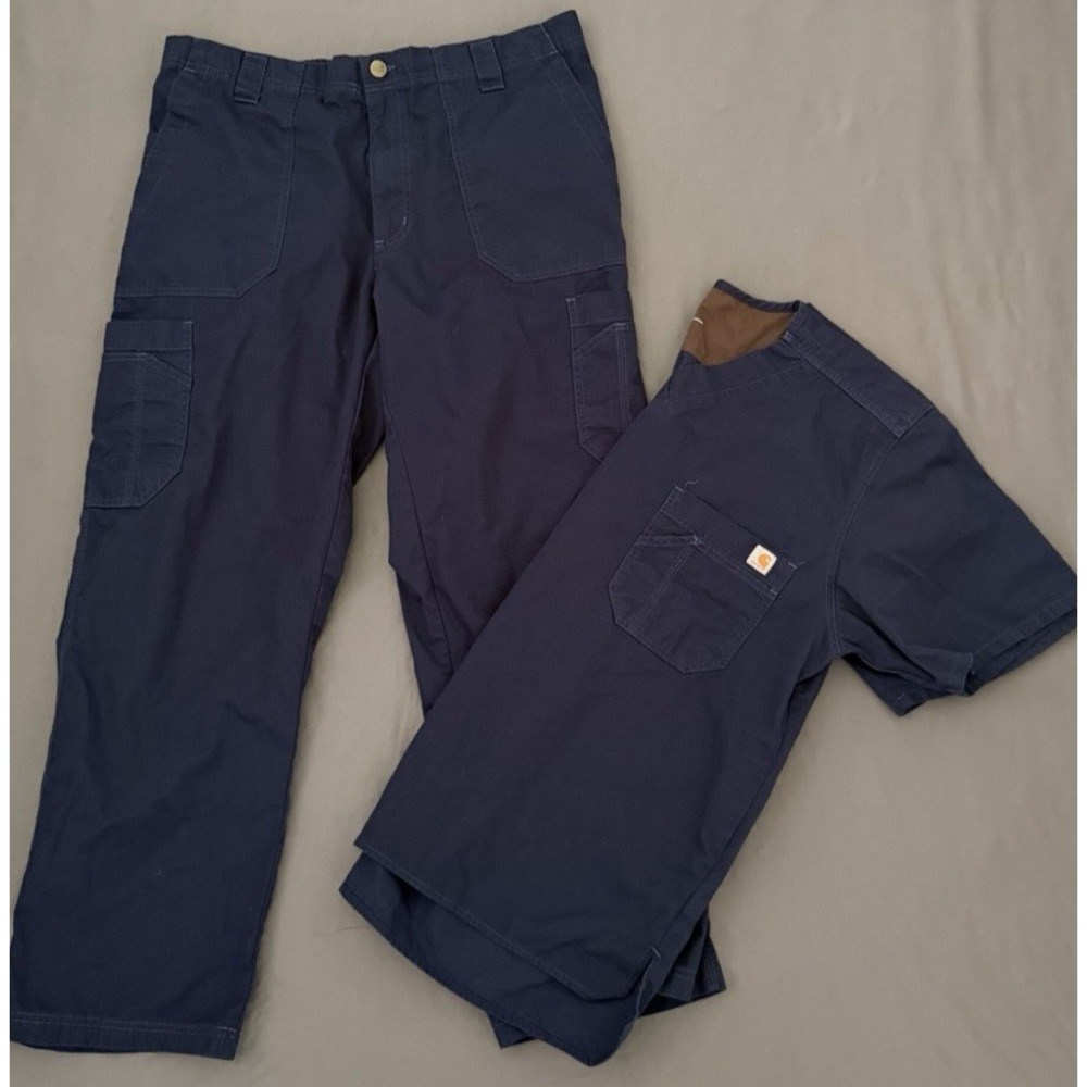 Carhartt Scrub Set Mens Size Large Navy Blue Top Cargo Ripstop Pants Uniform